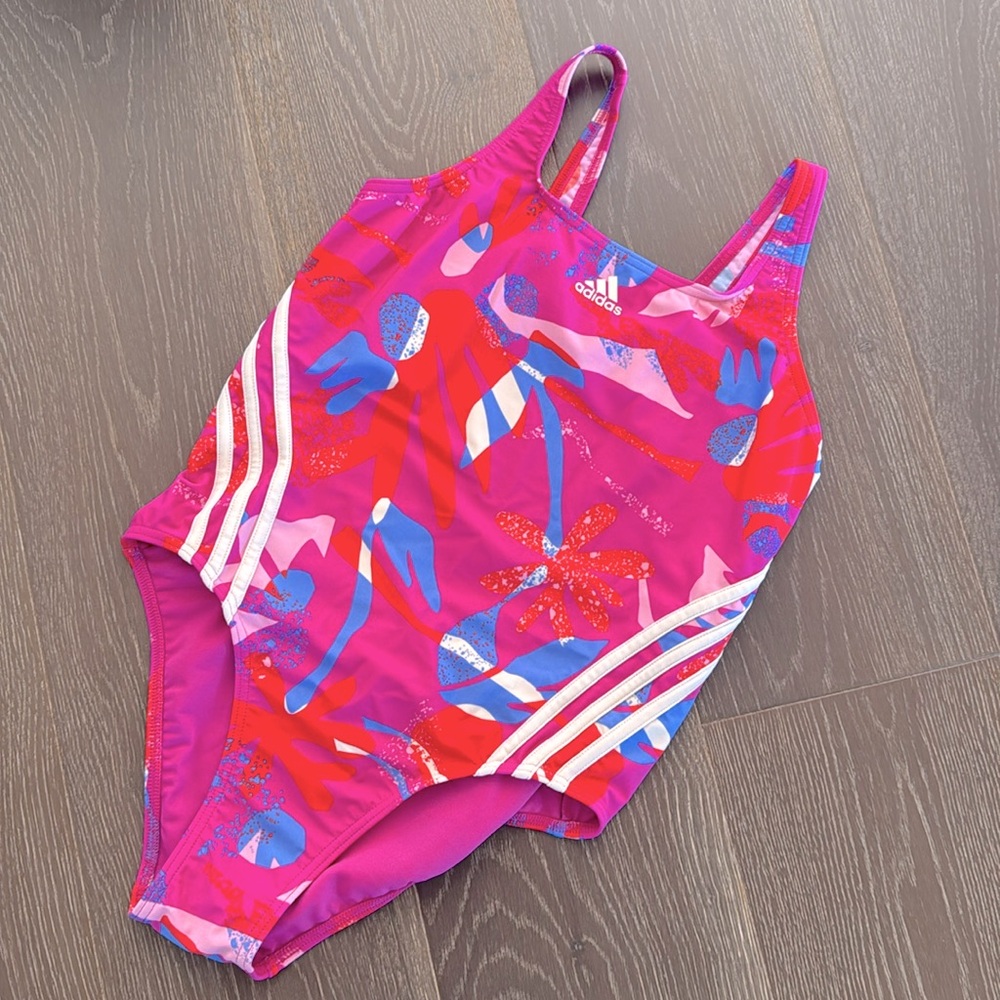 NWT! ADIDAS swim one piece women’s floral 3 stripe suit. Fuschia /blue.